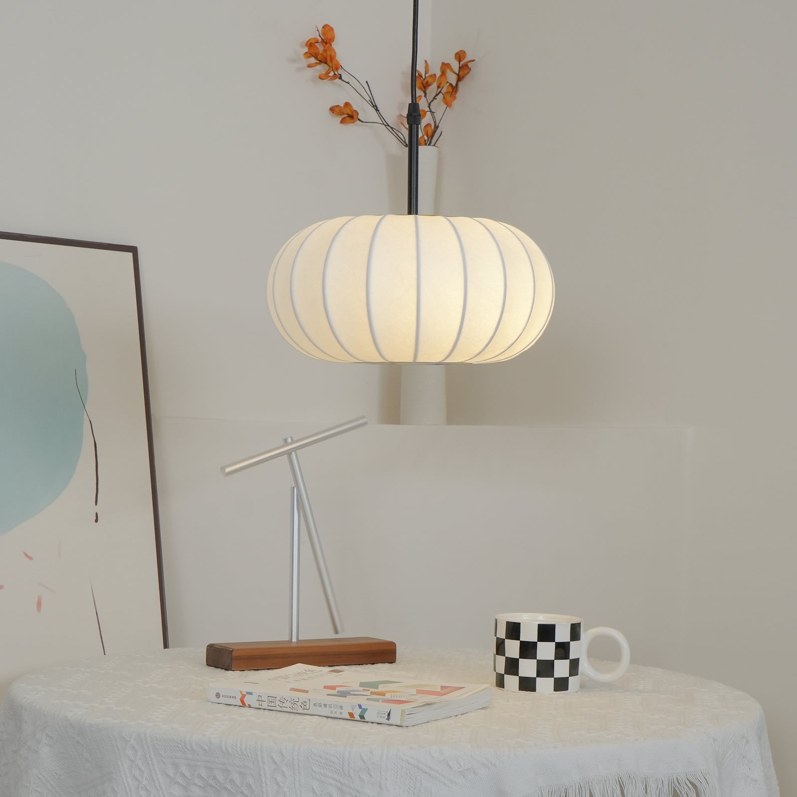 Simple Wabi-sabi White Lantern Fabric Pendant Lamp M105