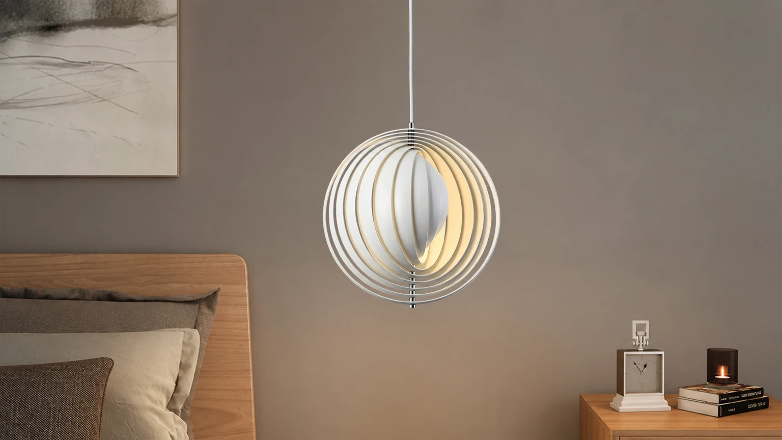 Lampa wisząca Nordic Moon T227 zainstalowana w spokojnej sypialni
