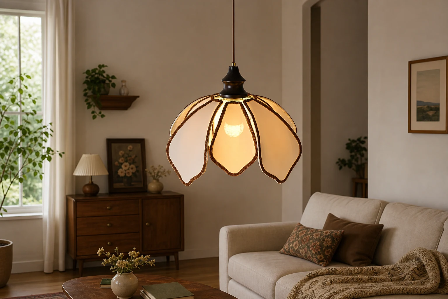 Vintage Kremowa Lampa Wisząca Płatek M224 w lifestylowym wnętrzu