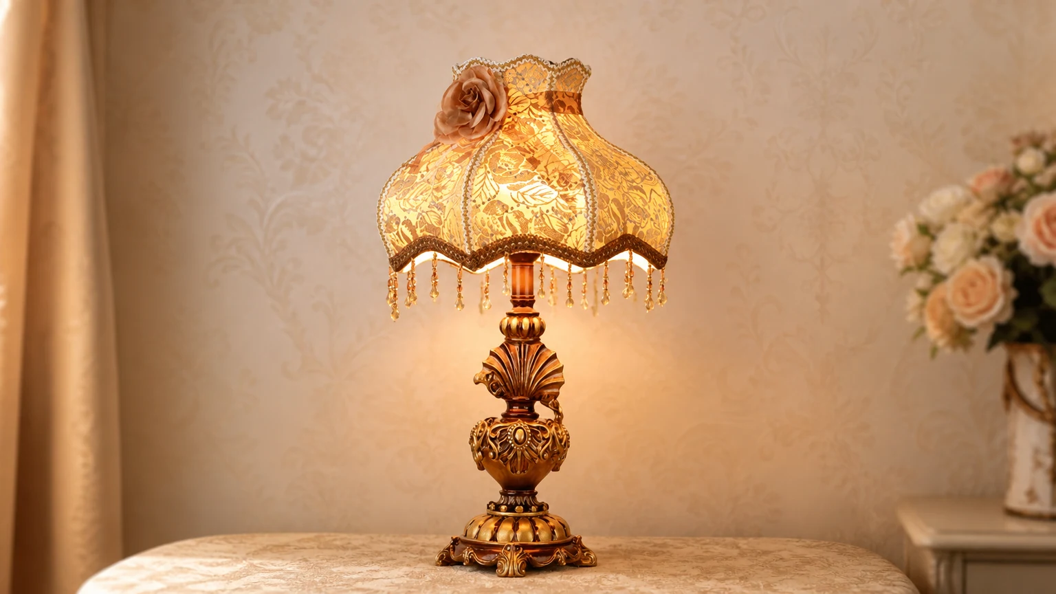 Rzeźbiona lampa stołowa M13 z duszpasterskim kwiatem w ciepłej scenerii wnętrza