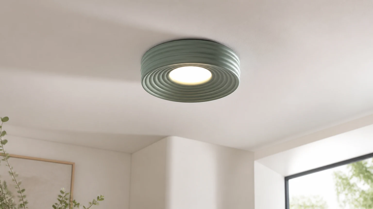 Kremowa, żebrowana lampa sufitowa zainstalowana w spokojnym pomieszczeniu