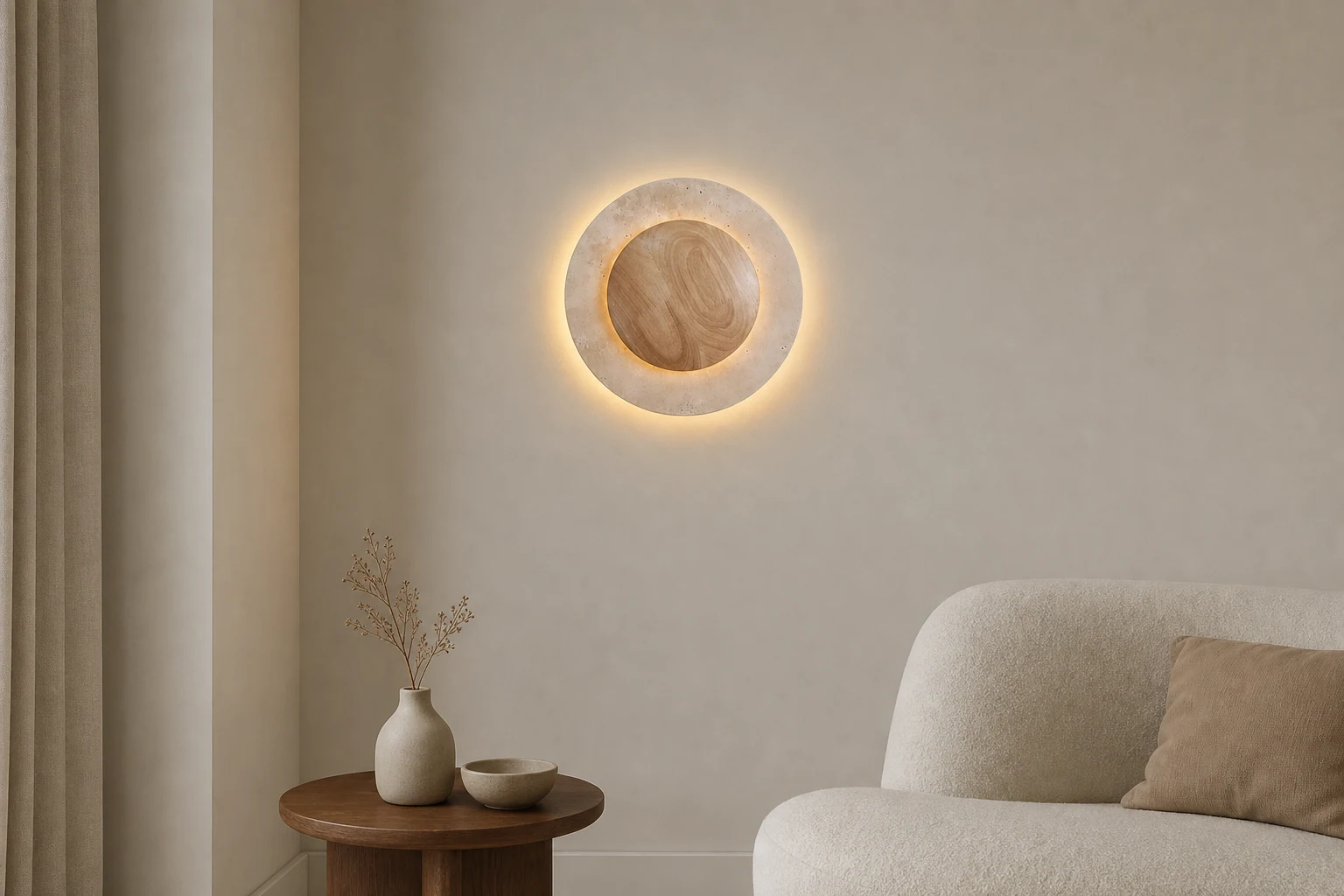 Aplique de pared redondo de madera de travertino D880 en una escena de estilo de vida que muestra el producto en su contexto.