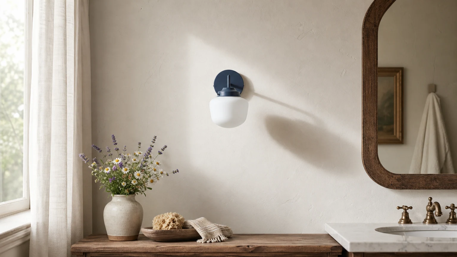 Lampa toaletkowa ze szkła opalowego pokazana w poziomej scenie bohatera wnętrza