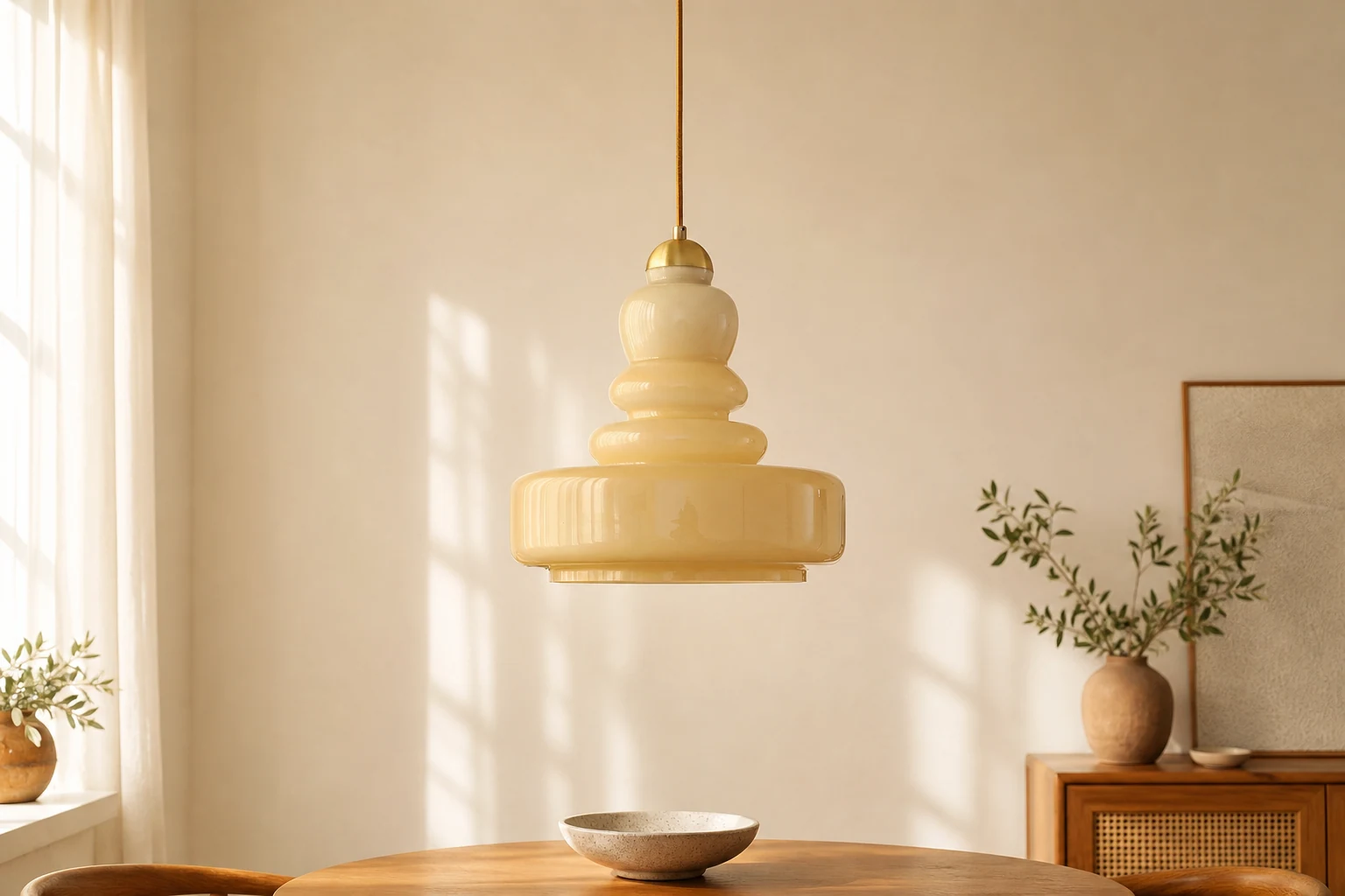 Scena lifestylowa z widoczną w kontekście lampą wiszącą S125 ze szkła Bauhaus Vintage Gurda