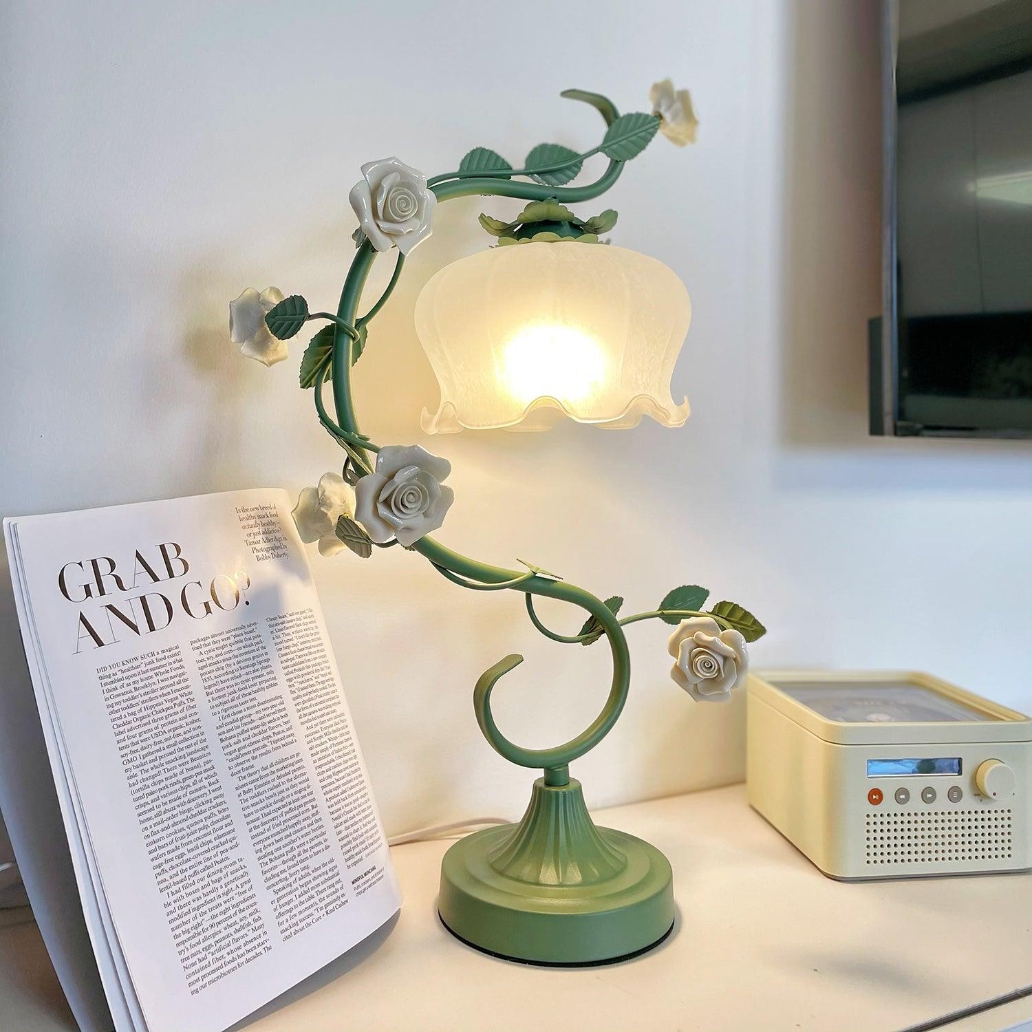 Green Pink White Rose Flower Table Lamp M209