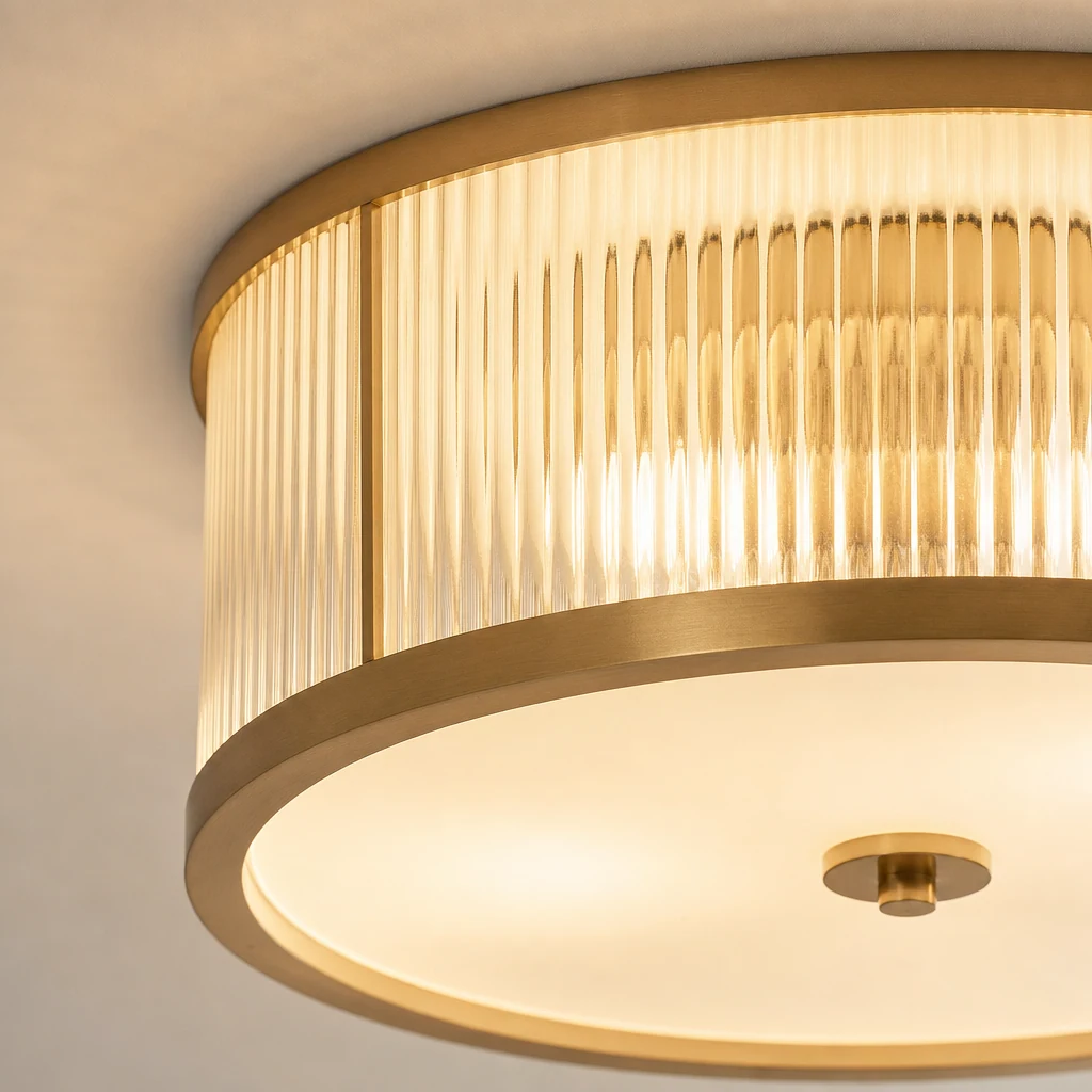 Zbliżenie na mosiężny korpus lampy sufitowej Geneva i szklany klosz