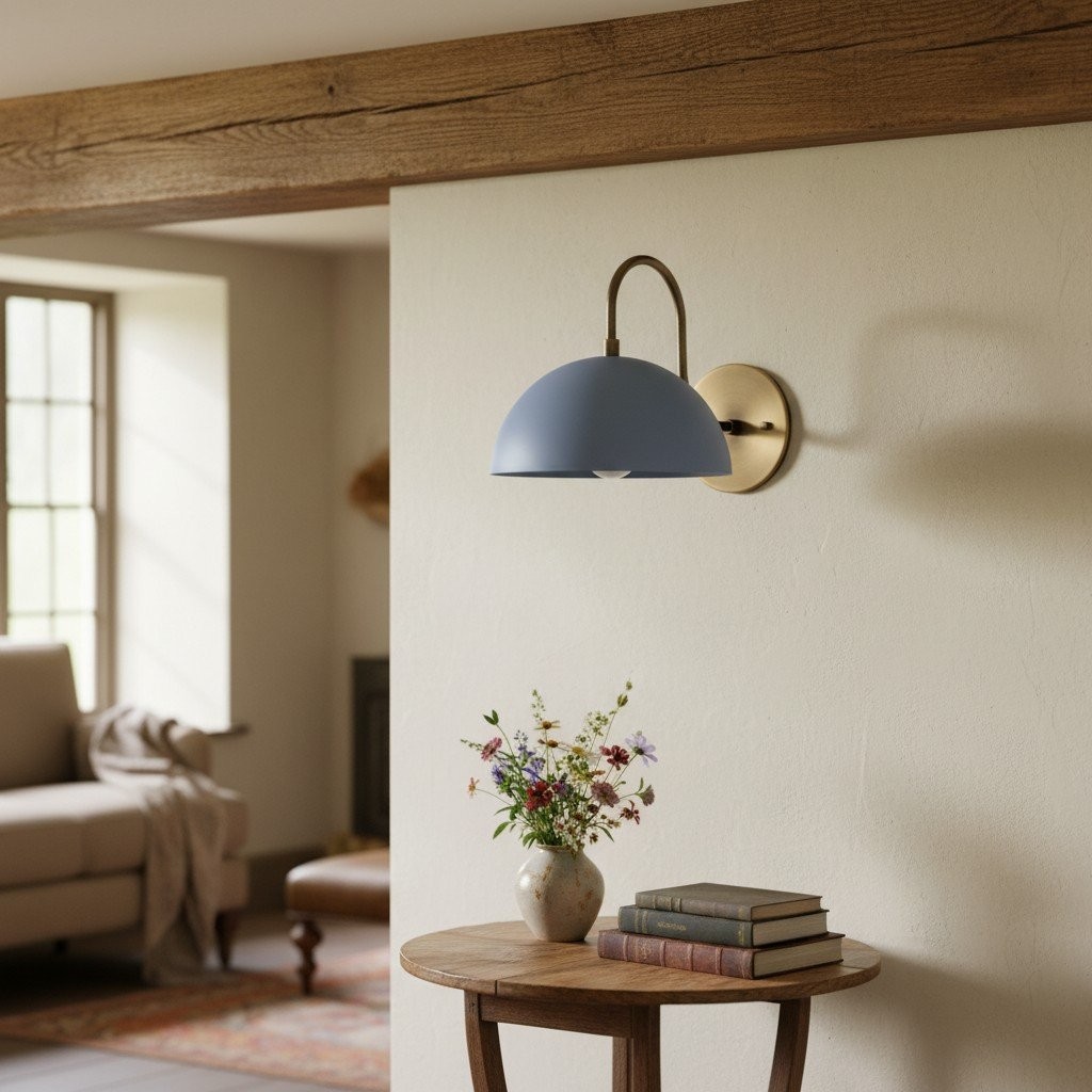Curva Metal Industrial Wall Sconce - Curved Brass Arm - Hammered Dome Light Fixture T408