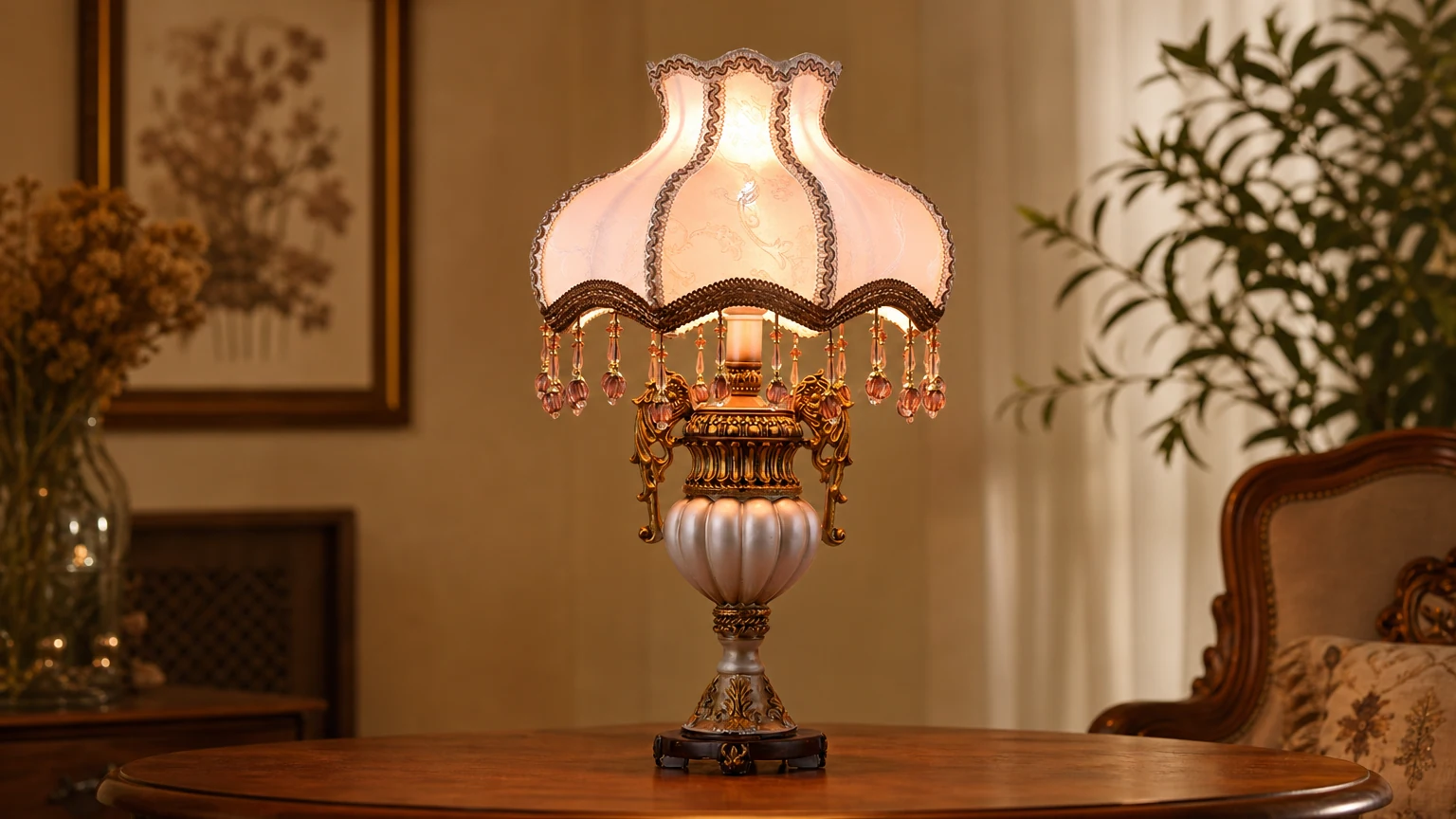 Retro vase stoffbordlampe M11 i et varmt interiørmiljø