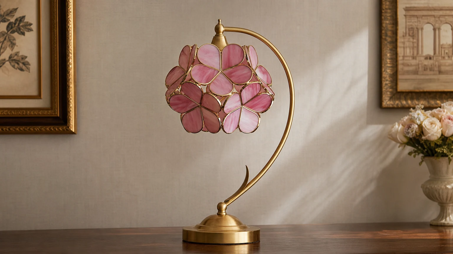 Lampa stołowa Serenity Petal D212 wystawiona w stonowanym pomieszczeniu