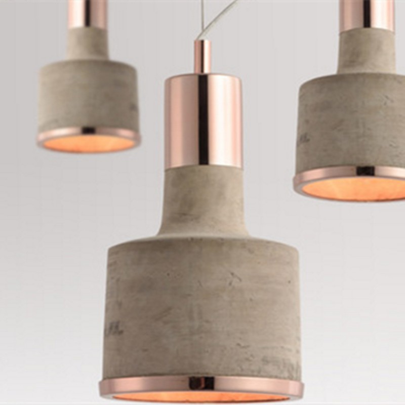 Nahaufnahme eines VELUCA-Lampenschirms aus Zement mit Details aus Holz und Metallhalterung.