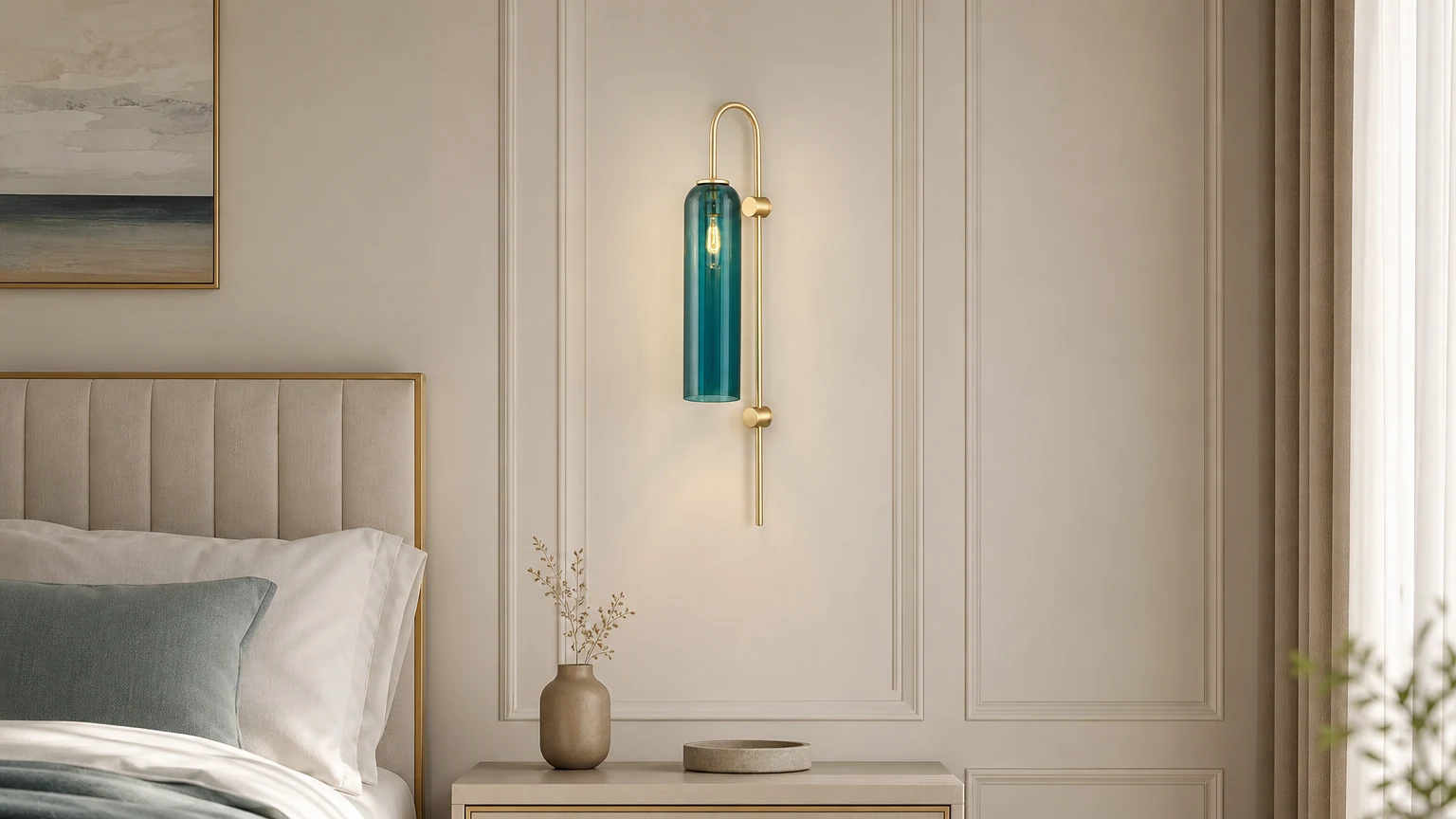 Applique murale cylindrique Glass Float Glide installée dans une chambre à coucher