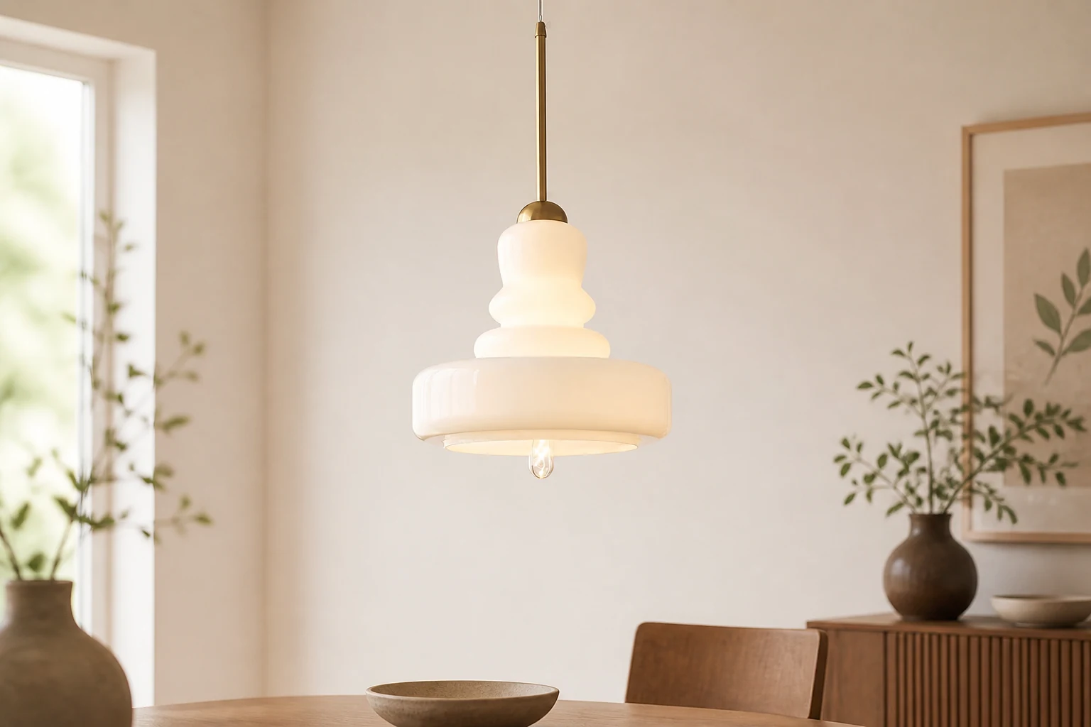 Scena lifestylowa nowoczesnej lampy wiszącej ze szkła tykwy z połowy wieku M215
