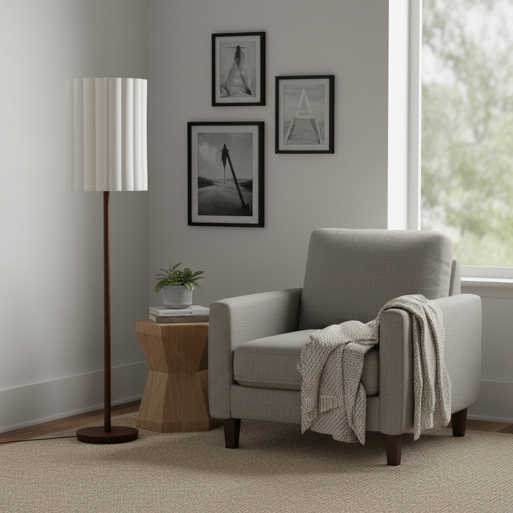 Linbron Walnut Wood Floor Lamp with Fluted Linen Shade - Modern Natural Home Decor T648