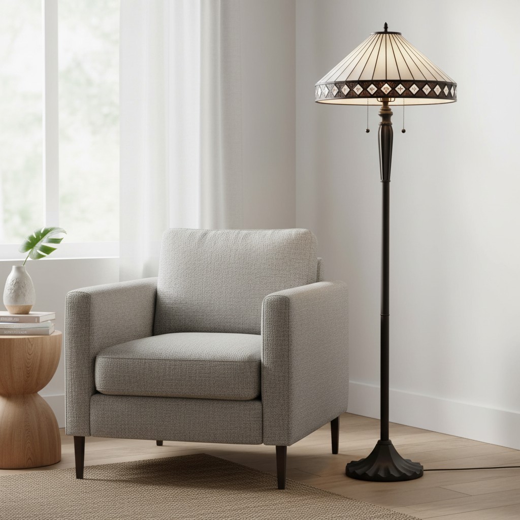 TF Fargo Geometric Tiffany Style Lamp - Amber and Cream Glass Accent Lighting for Bedroom or Study T643
