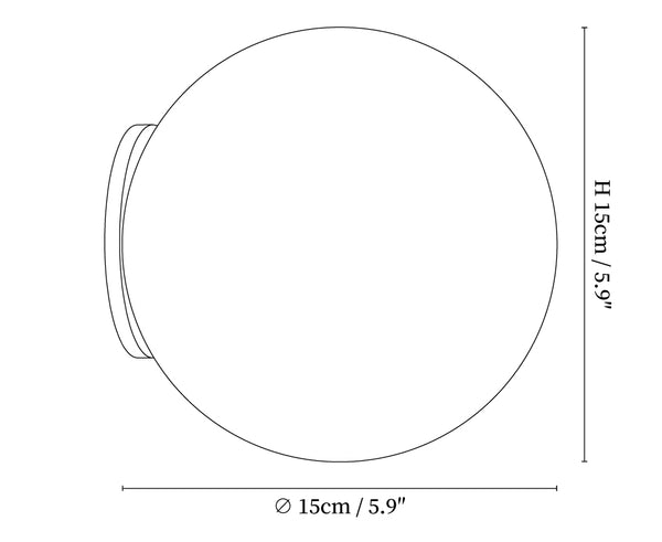 Schemat wymiarowy przedstawiający średnicę 15 cm i wysokość 15 cm dla kinkietu Orb