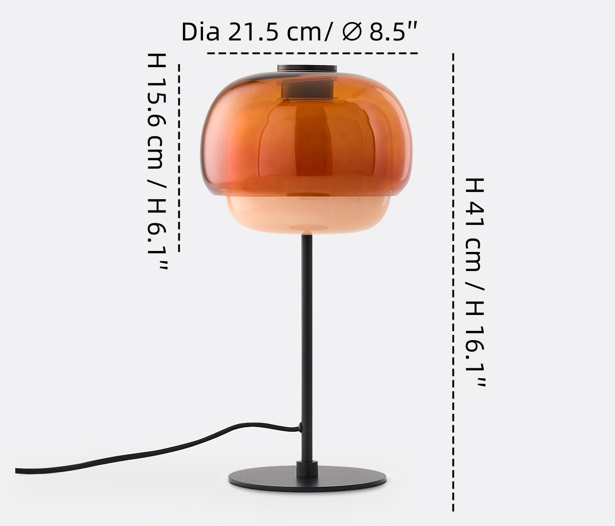 Måldiagram for Clinco glassbordlampe som viser diameter og høyde