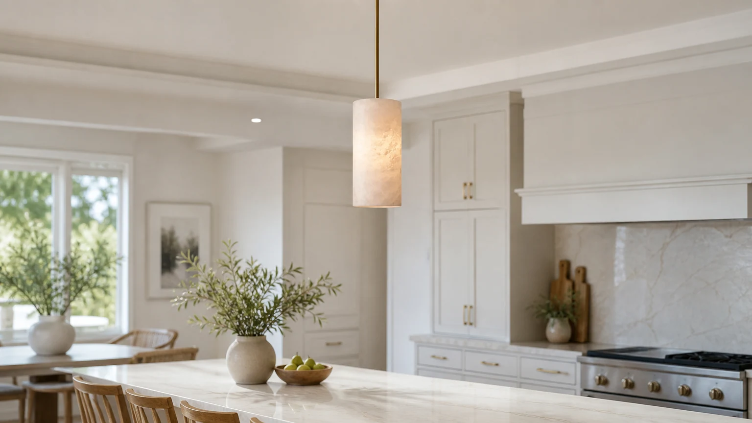 Ręcznie rzeźbiona alabastrowa lampa wisząca cylindryczna T115 we wnętrzu