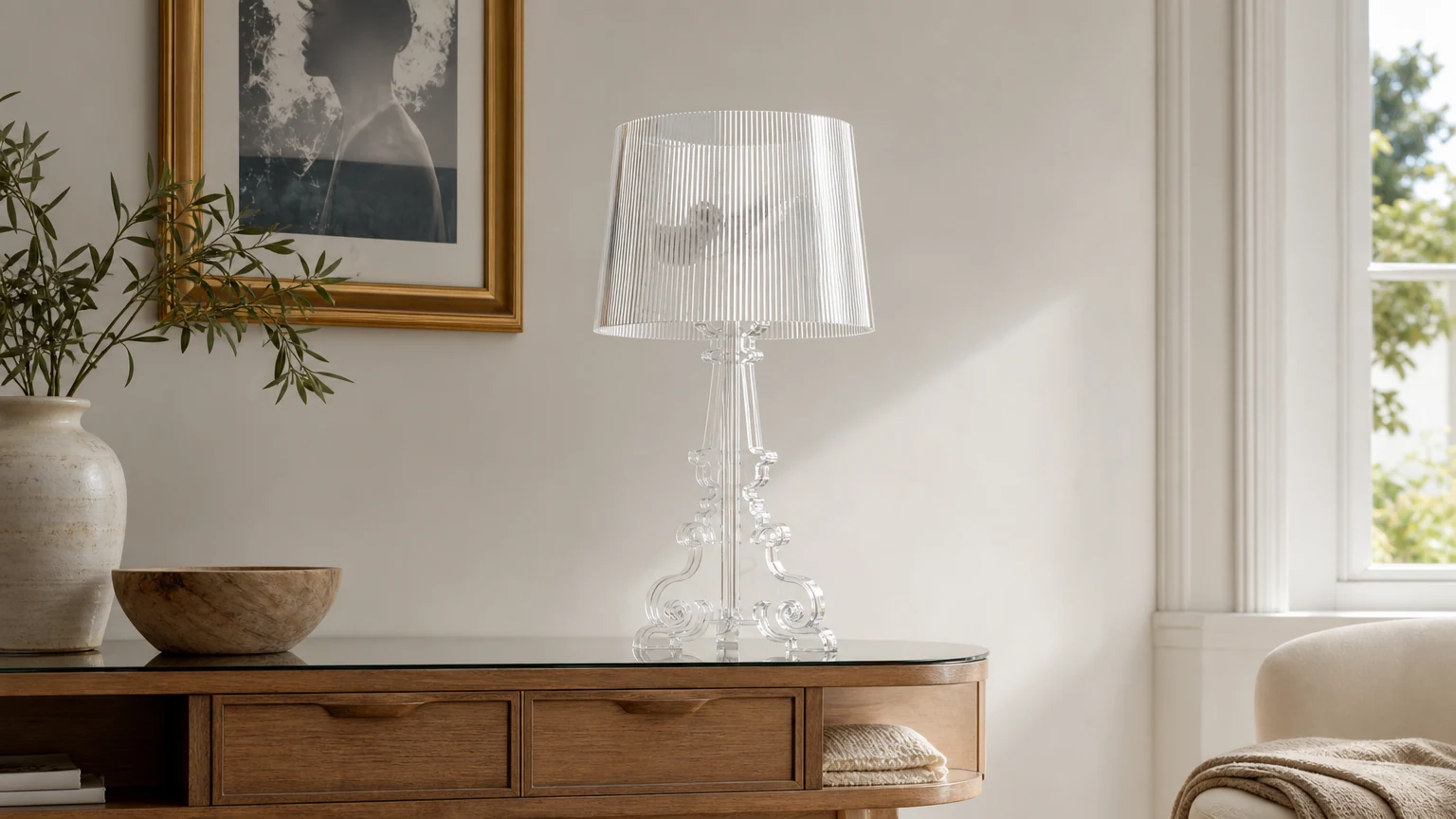Bourgie acrylic lamp in a wide bedroom scene