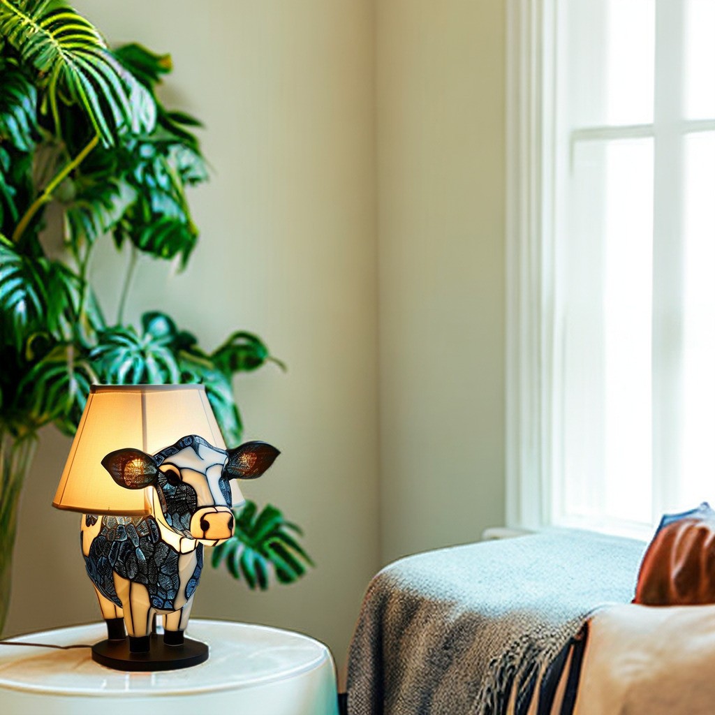 Kuharpikslampe på et sidebord i en livsstilsromsscene