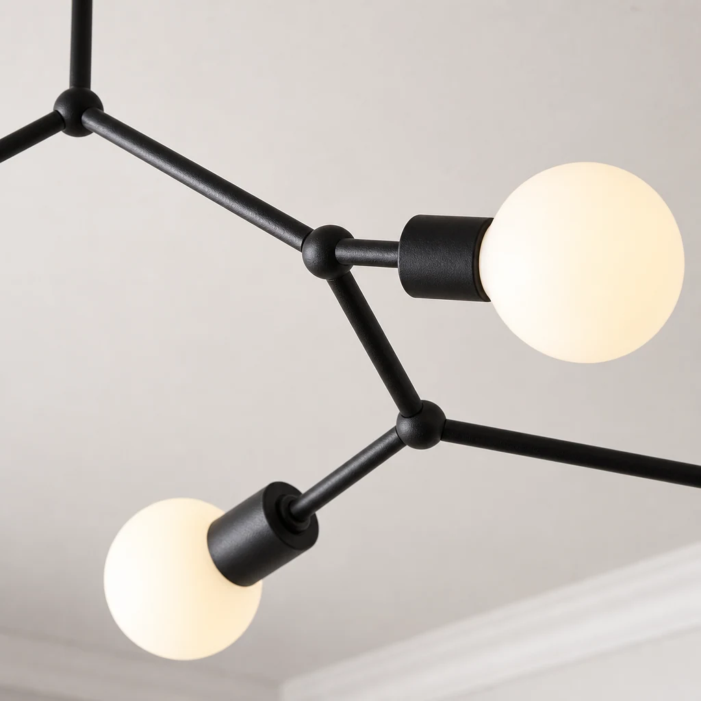 Zbliżenie szczegółów wykończenia molekularnej lampy wiszącej i metalowej konstrukcji
