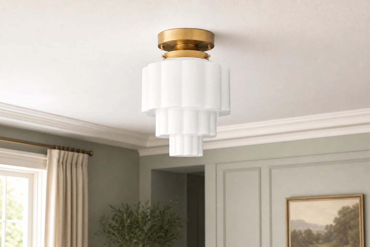 Lampa sufitowa Geotower pokazana w stylu życia osadzonym w kontekście produktu