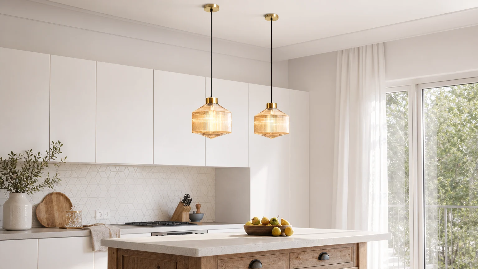 Lampa wisząca Spinning Top w paski M21 zainstalowana w ciepłej kuchni