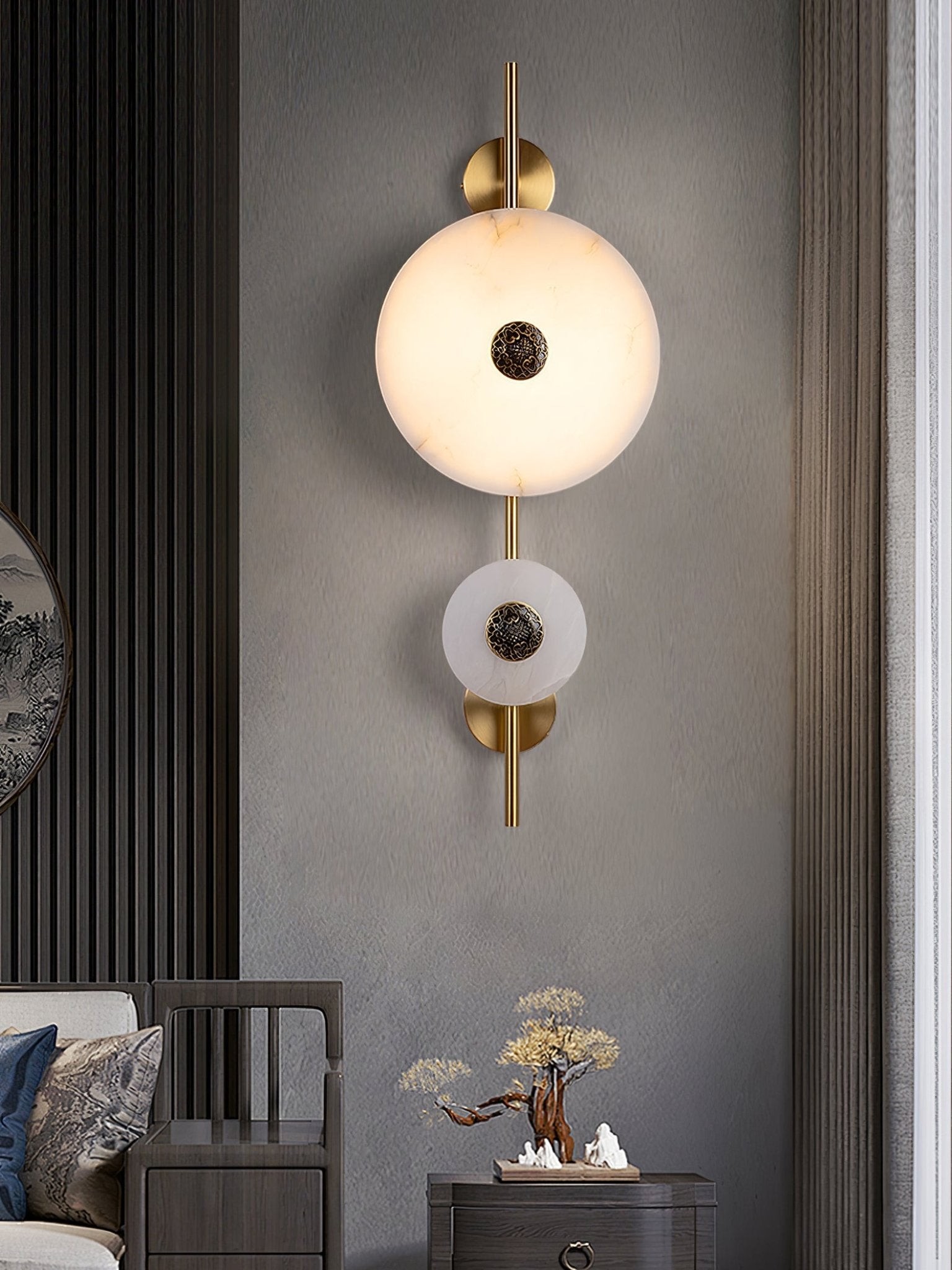 Double-disc alabaster wall lamp in an interior scene