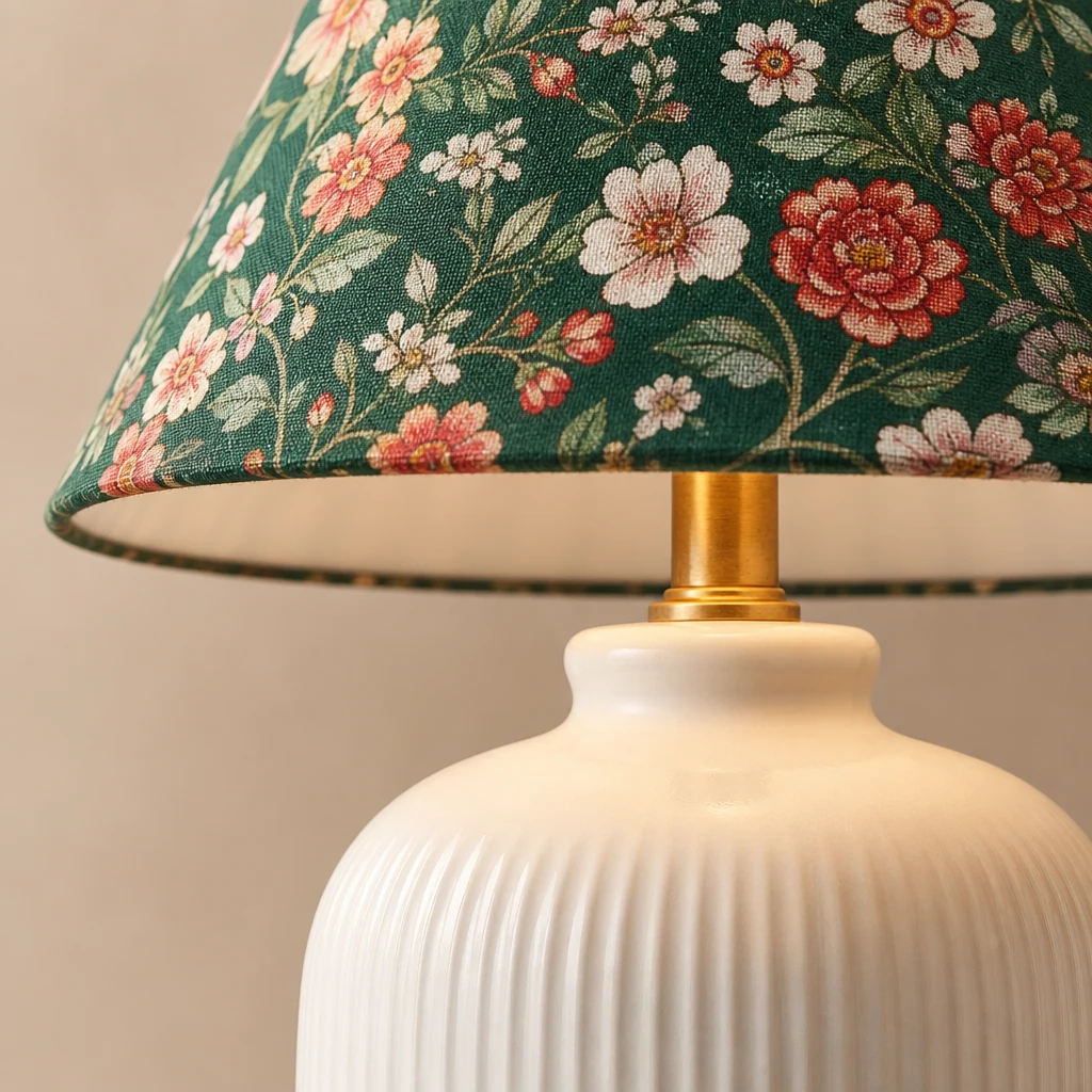 Zbliżenie na klosz lampy stołowej Evergreen Floral i ceramiczne detale
