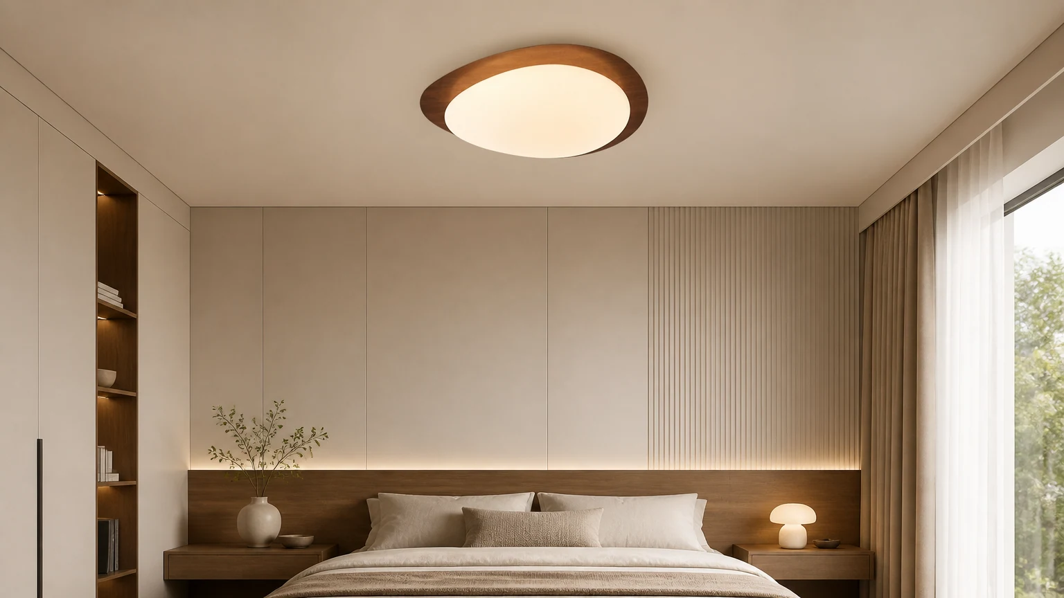 Lampa sufitowa Pebble Walnut M440 zainstalowana w ciepłym wnętrzu