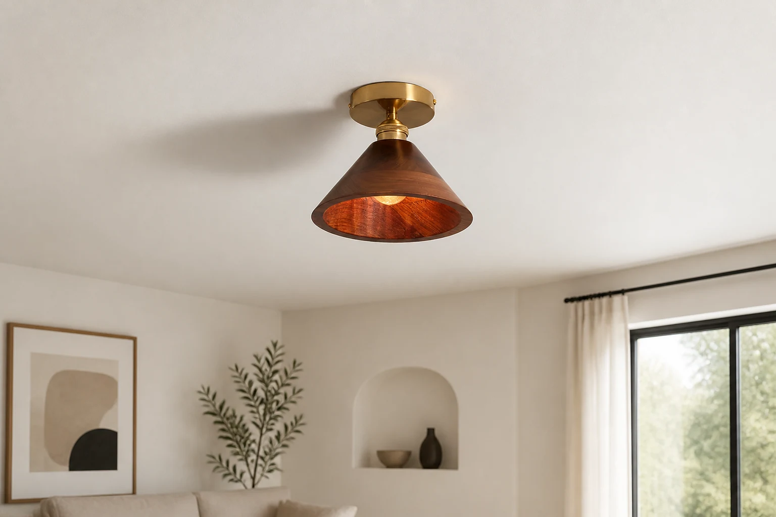 Lampa sufitowa z drewna Collar w scenie pokoju lifestylowego