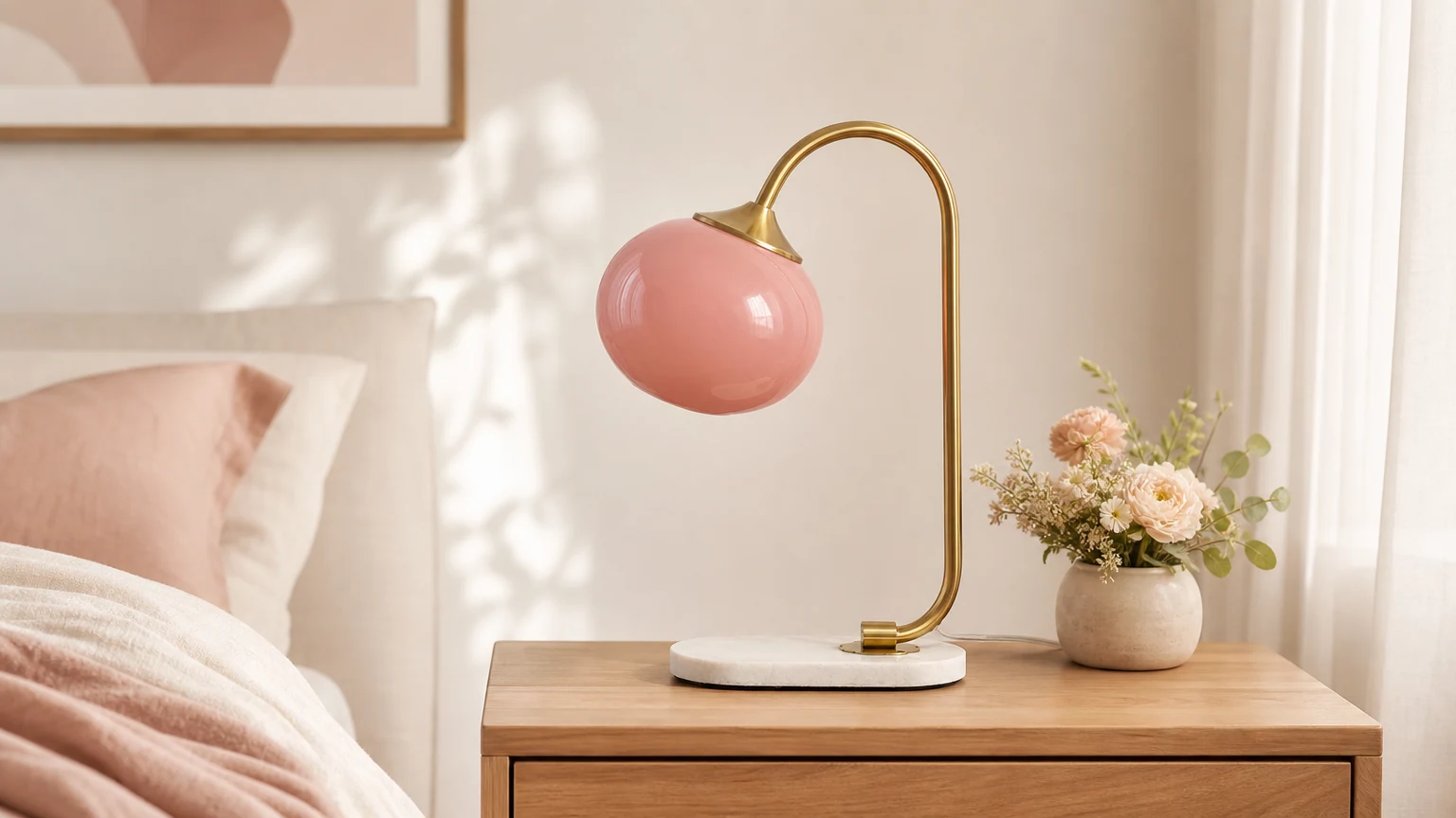 Szklana lampka nocna Nordic Mushroom M335 w ciepłej scenie przy łóżku