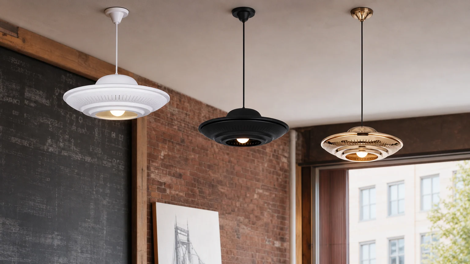 Lampa wisząca HOLTON UFO zainstalowana w nowoczesnym wnętrzu