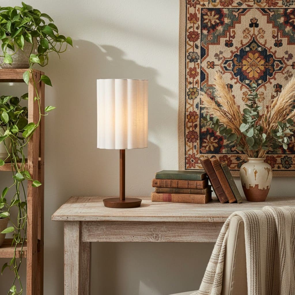 Linbron Modern Fabric Shade Table Lamp with Wood Base - Soft Ambient Lighting for Bedroom or Living Room T647