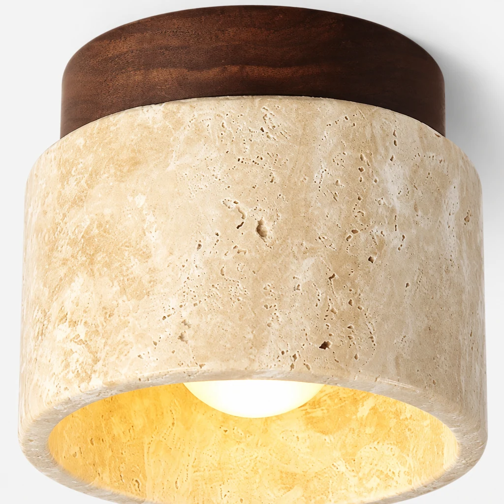 Zbliżenie szczegółów wykończenia trawertynu i drewna lampy sufitowej Nordic Stone M201