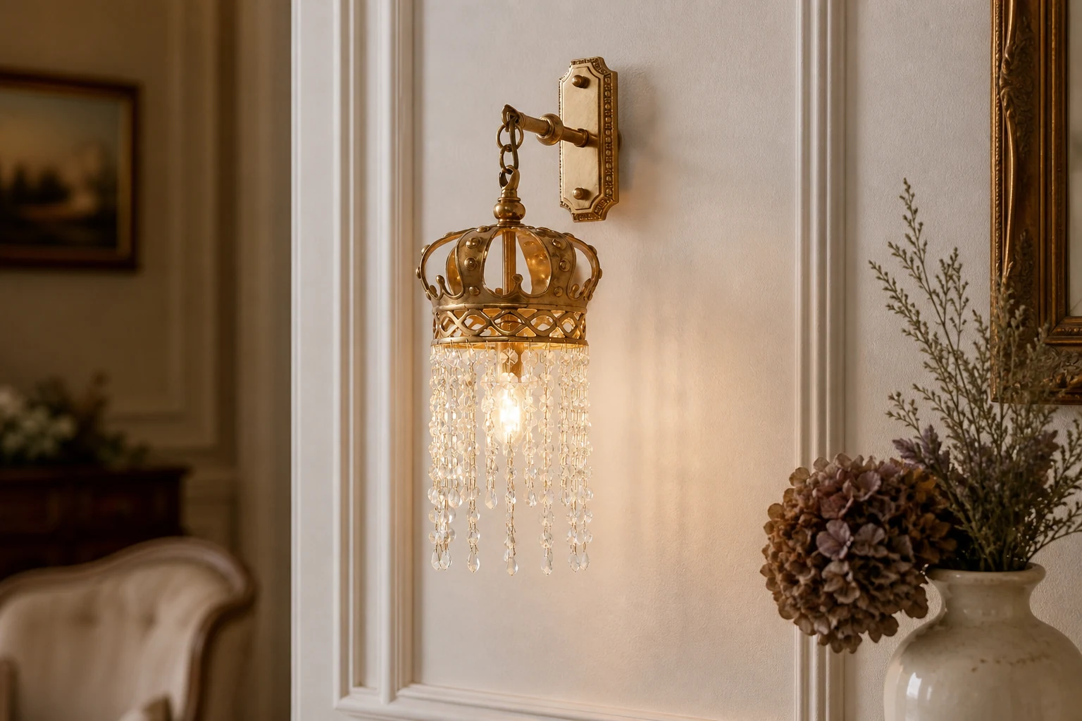 Kinkiet Timon Mosiężny Crown eksponowany we wnętrzu lifestylowym