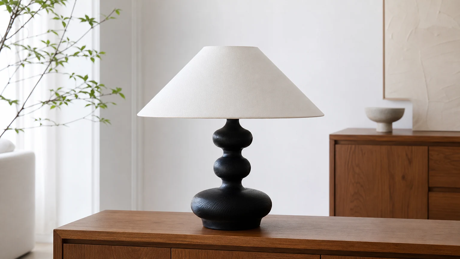 Lampa stołowa z litego drewna w stylu nordyckim retro M161 w ciepłej scenerii wnętrza