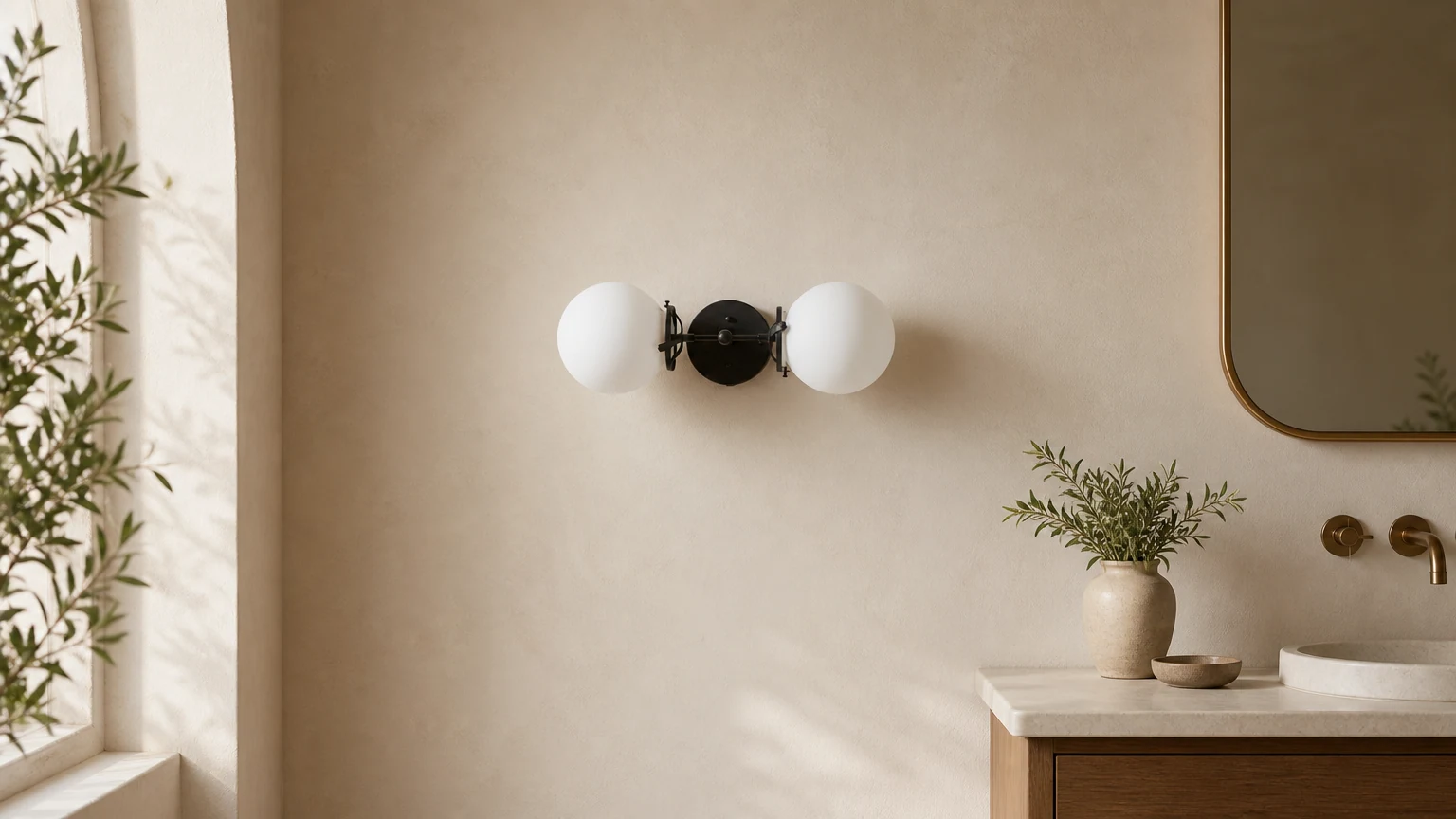Lampa toaletkowa Lumio opalowa kula zainstalowana nad toaletką w łazience