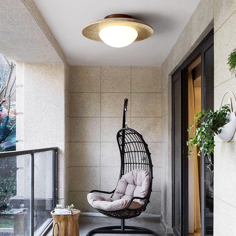 Japanese Minimalist Round Yellow Travertine Shade 1-Light Semi-Flush Mount Ceiling Light G31