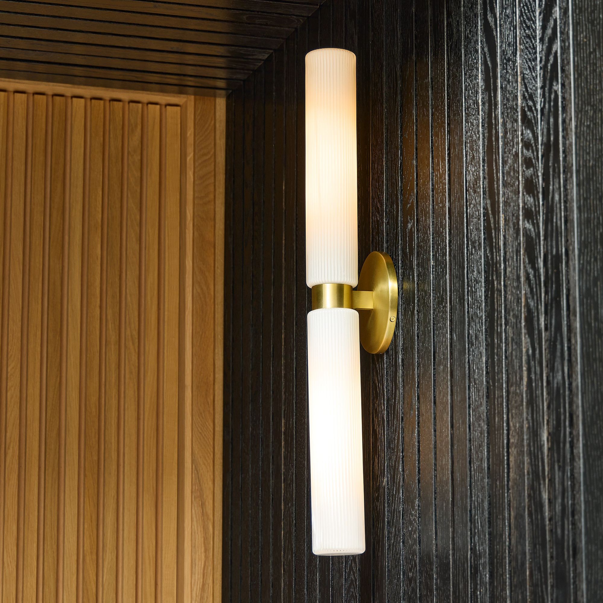 Rivora Modern Fluted Glass Wall Light - Double Short Indoor Outdoor Sconce T168