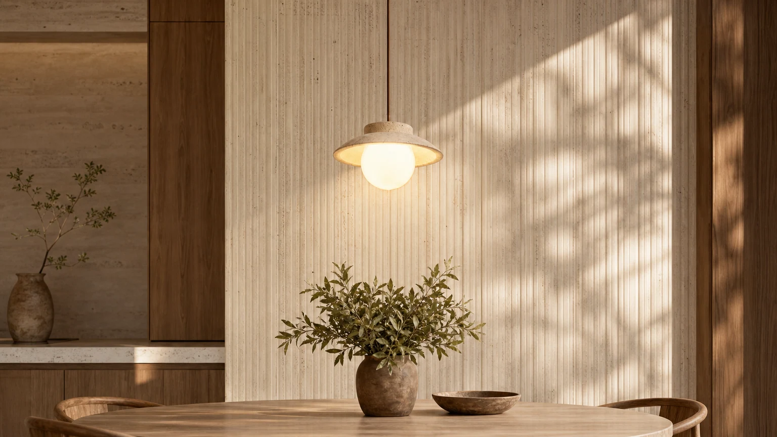 Trawertynowa lampa wisząca LED z kamienia D936 w ciepłym wnętrzu