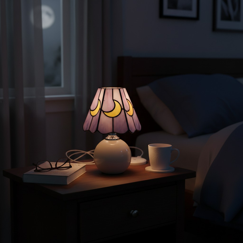 Stellum Mushroom Moon Stained Glass Table Lamp Artistic Accent Light Ceramic Base for Living Spaces T552
