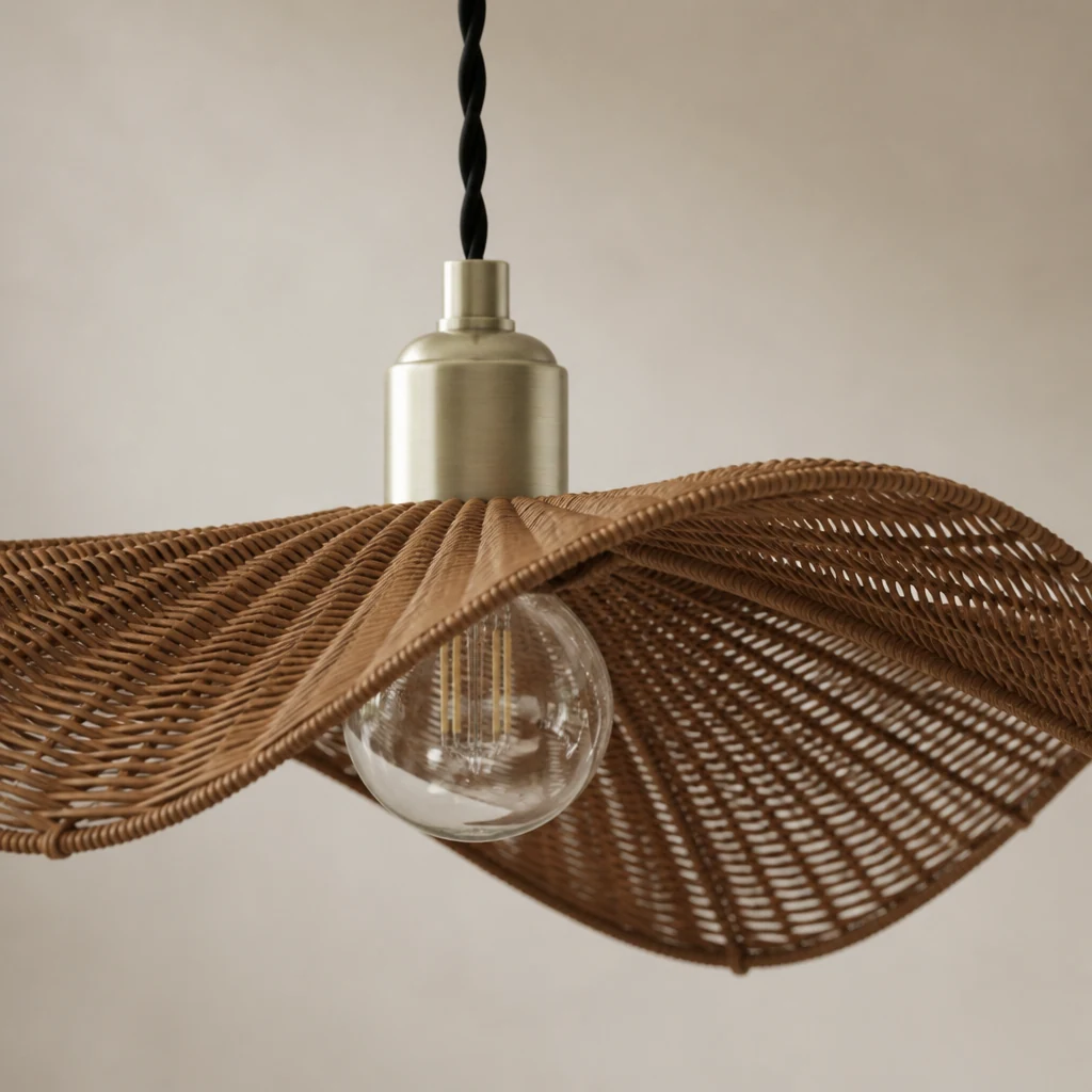 Zbliżenie: lampa wisząca Floressa, tkana z rattanu