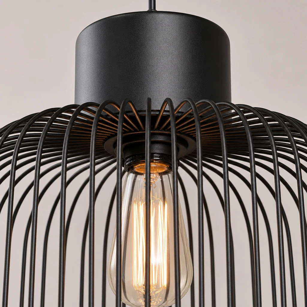 Zbliżenie szczegółów wykończenia lampy wiszącej z metalową klatką