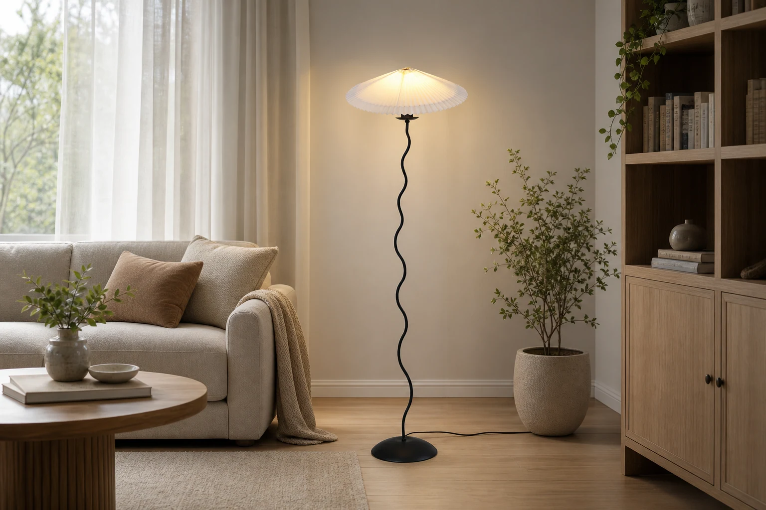 Lampa podłogowa w kształcie fali w scenie wnętrza lifestylowego