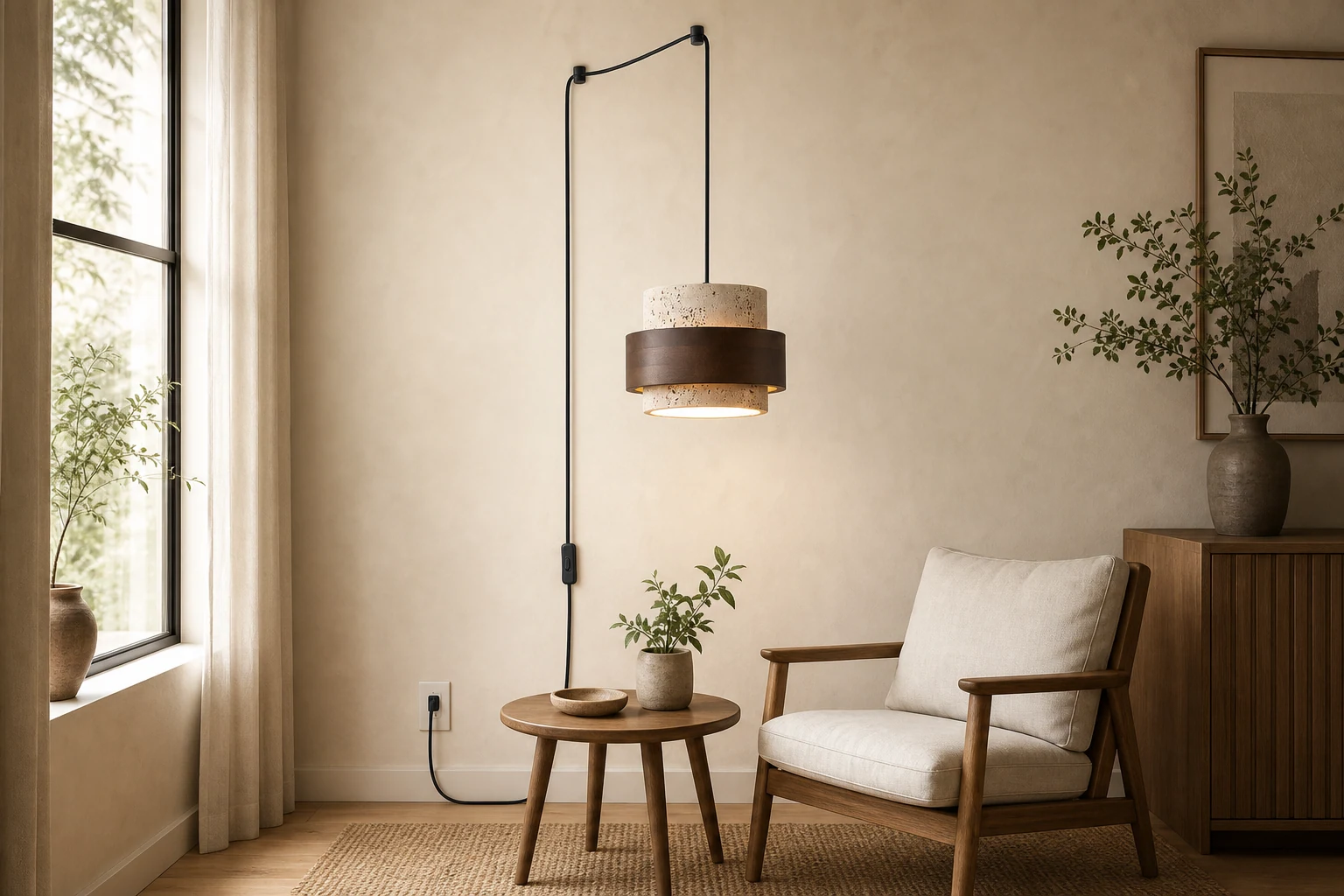 Lampa wisząca Cole z trawertynu stosowana w delikatnie urządzonym pomieszczeniu