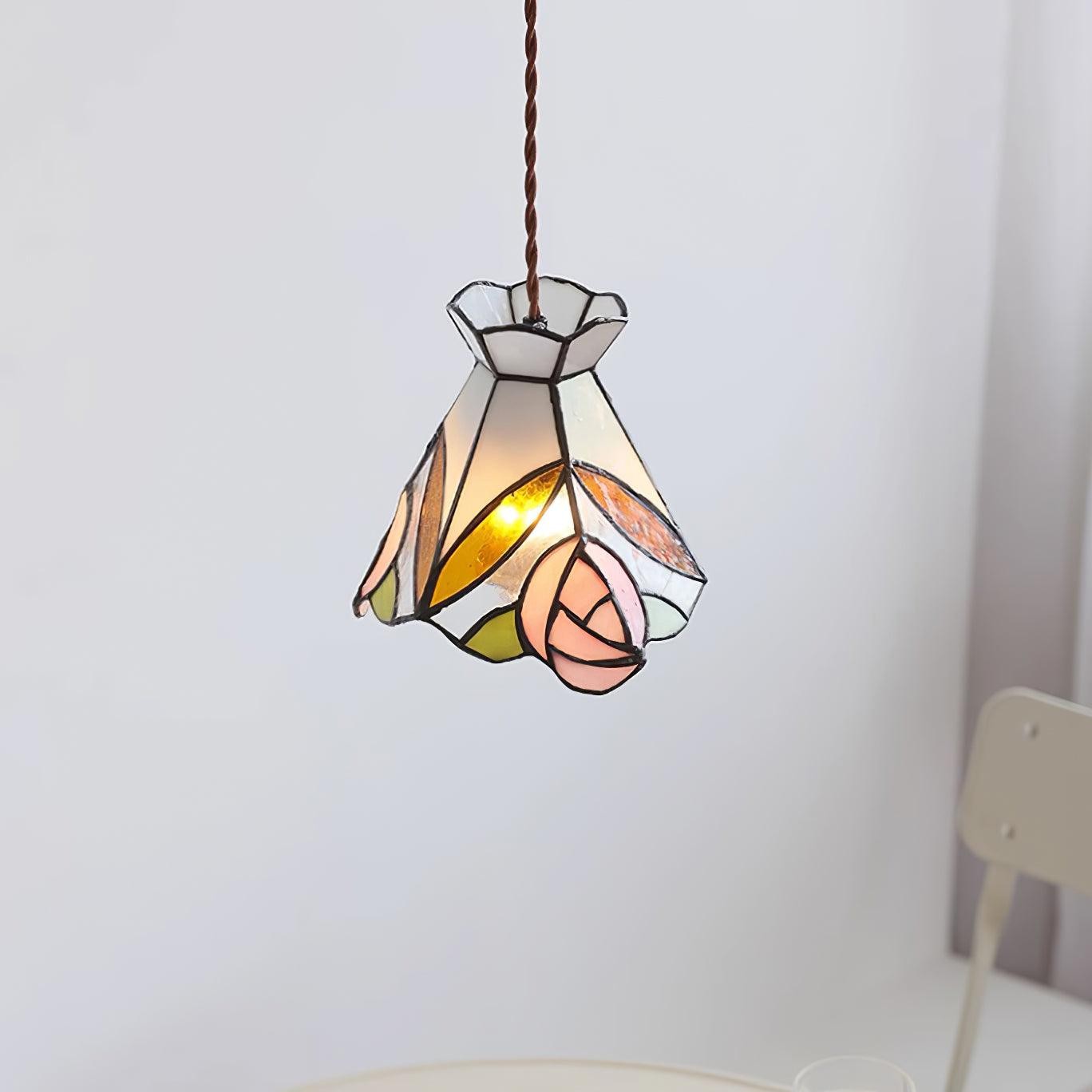 French Retro Rose Stained Glass Pendant Lamp M190