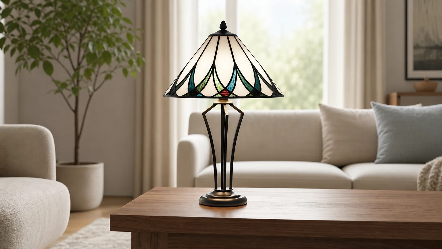 Lampa stołowa TF Allanton ze szkła falującego wodę, ustawiona poziomo w pomieszczeniu