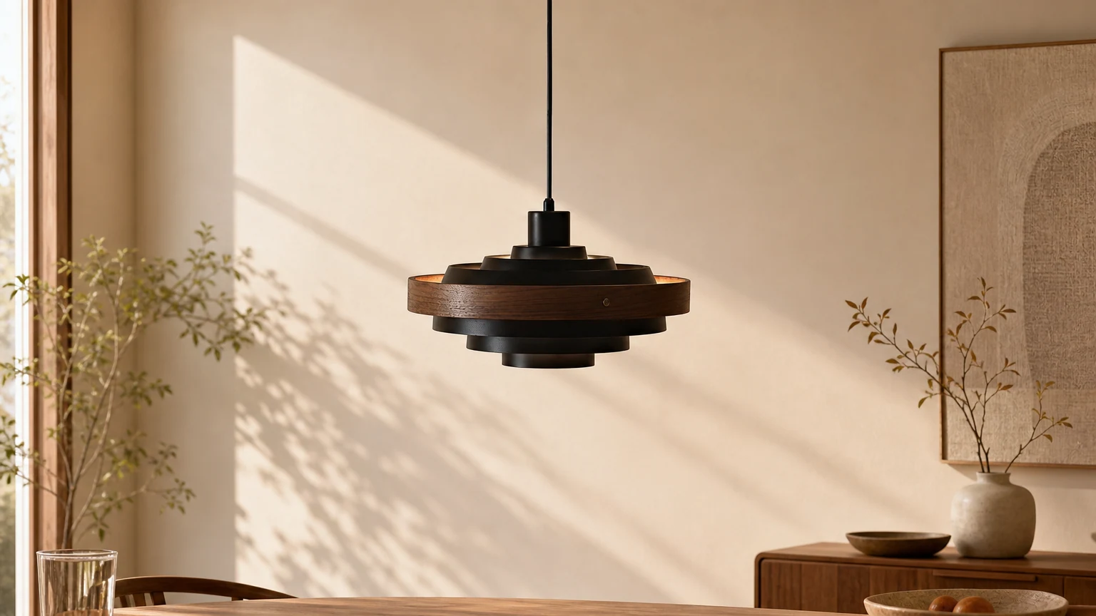 Wielopoziomowa lampa wisząca w kształcie bębna Layervelle M280 w nordyckim wnętrzu