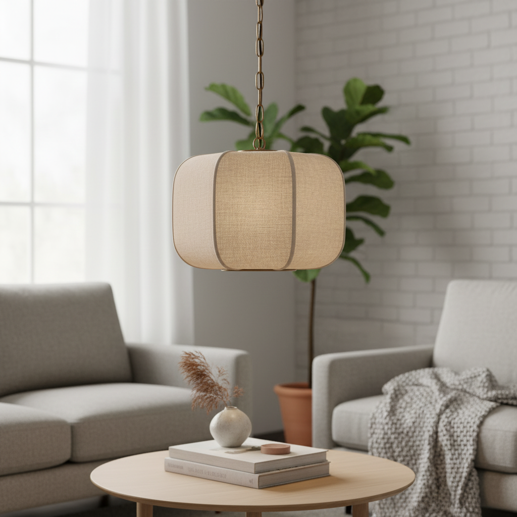 Loomis Tall Pendant - Textured Linen Shade Aged Brass Ceiling Light for Dining Room and Kitchen T481