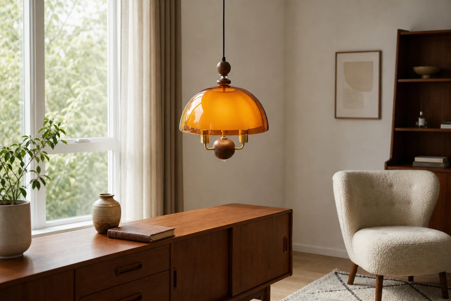 Lampa wisząca M94 z metalowym dyskiem i kulką pokazana w pomieszczeniu urządzonym w stylu lifestylowym